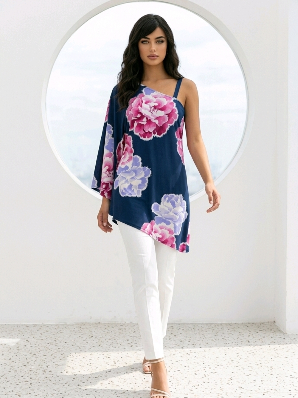 Natori Blue Floral One Shoulder Asymmetric Dress/Tunic